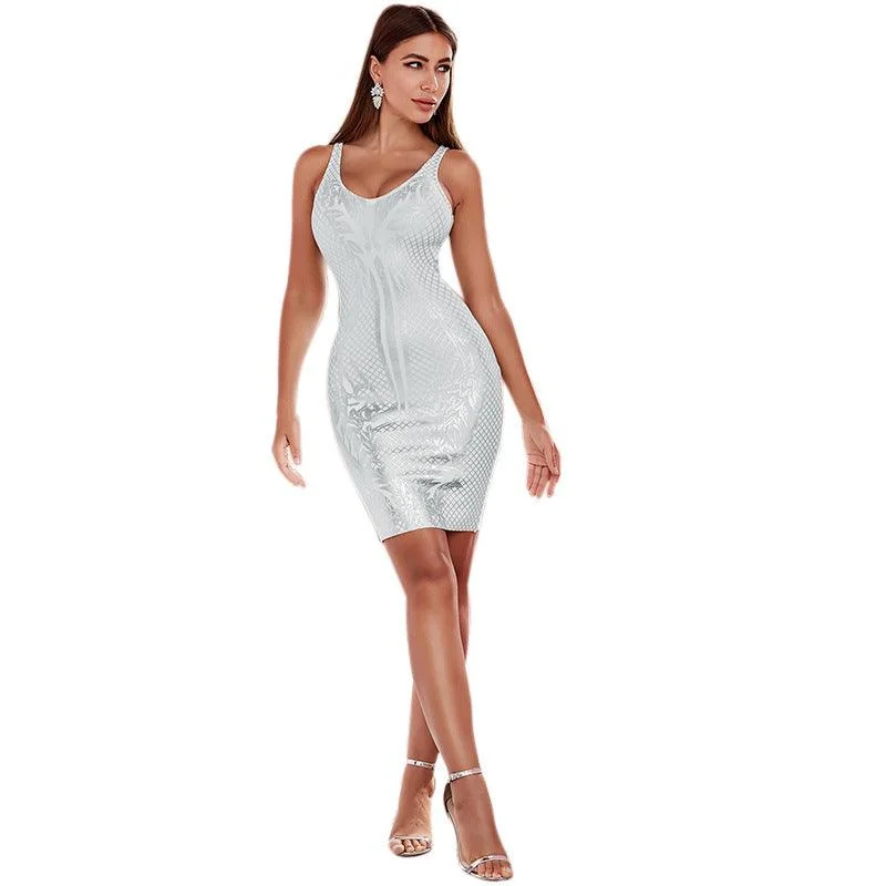 Women's Clothes For The Office Polished Finish White Sequins Sleeveless Bandage Club Party Dress