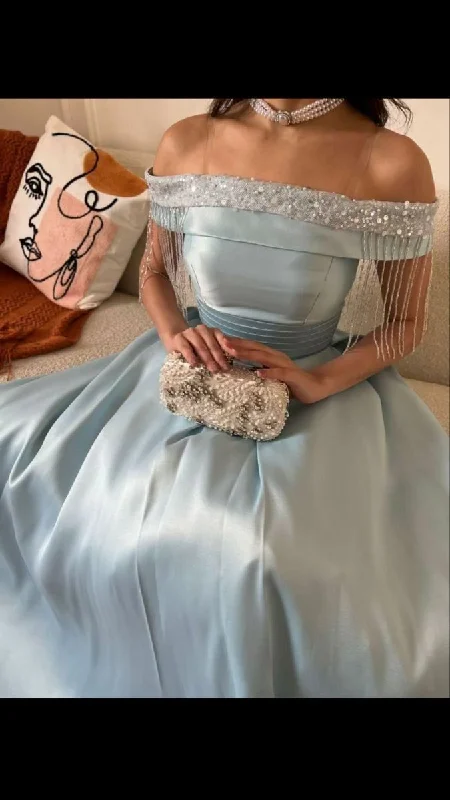 Women's High-Fashion Garments Exquisite Craftsmanship Sexy A line Off The Shoulder Light Sky Blue Prom Dress With Beads Long Satin Prom Dresses Party Dress C3311