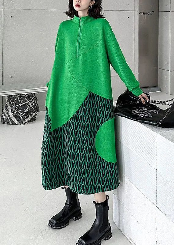 Women's Elegant Formal Outfit Disco - Inspired Retro Dance Look Fine Green Stand Collar Patchwork Print Cotton Sweatshirt Dress Spring