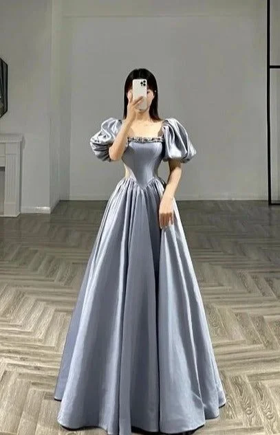 Formal Clothing For Women Minimalist Office - Ready Style Sexy A line Square Neckline Short Sleeves Silver Satin Prom Dresses Party Evening Dress C3712