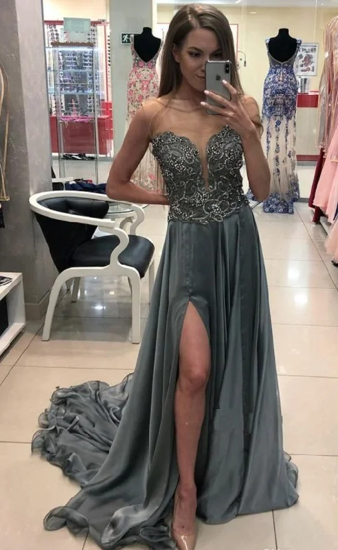 Casual Outfit For Women Classic Charm Chic Sheer Neck Gray Prom Dresses Sleeveless Beaded Chiffon Sweep Train Split Evening Dress    cg16869