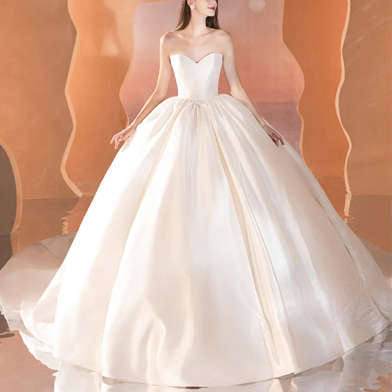 Women's High-Fashion Outfit Polished Finish Strapless V Neckline Plain Satin Ball Gown Wedding Dresses