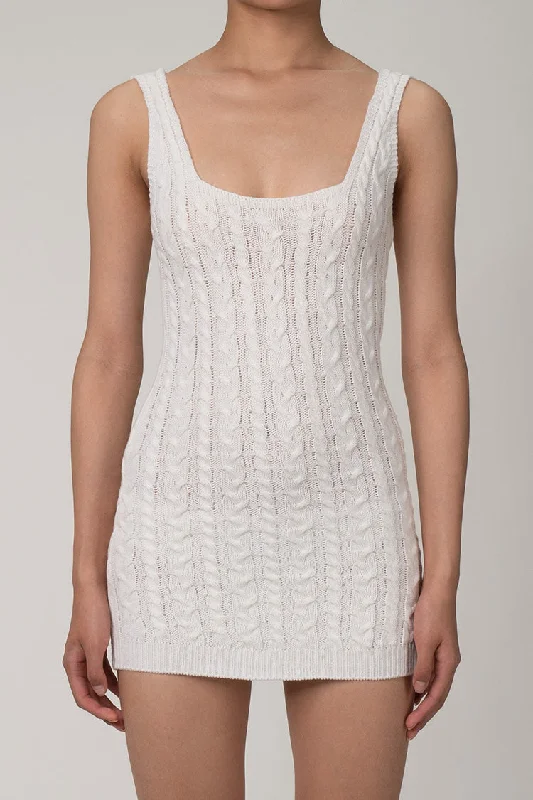 Women's Sporty Chic Clothes Soft Textures Sexy Cable Knit Sleeveless Mini Sweater Dress - White