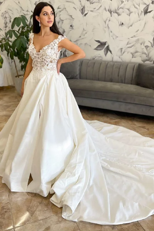 Women's Romantic Outfit Classic Timeless Elegant Style White Lace Satin Off-the Shoulder Backless Bridal Gown