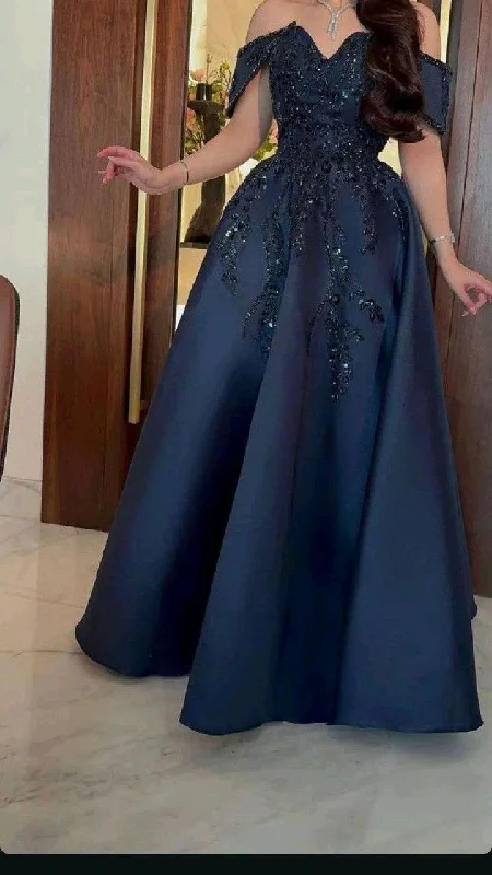 Women's Fashion Clothes Charming Silhouette Vintage A line Off The Shoulder Navy Blue Satin Lace Long Evening Dress Prom Dresses C3683