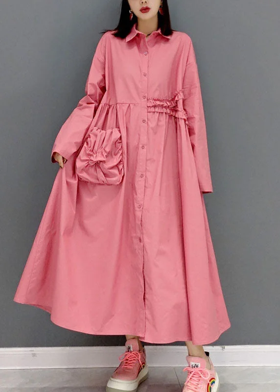 Women's Clothing Sets Feminine Soft - Hued Look Modern Pink Peter Pan Collar wrinkled shirt Dress Long Sleeve