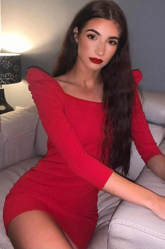 Casual Outfit For Women Score Big on Glamorous Red - Carpet Styles Red Puff Sleeve Square Neck Bodycon Dress