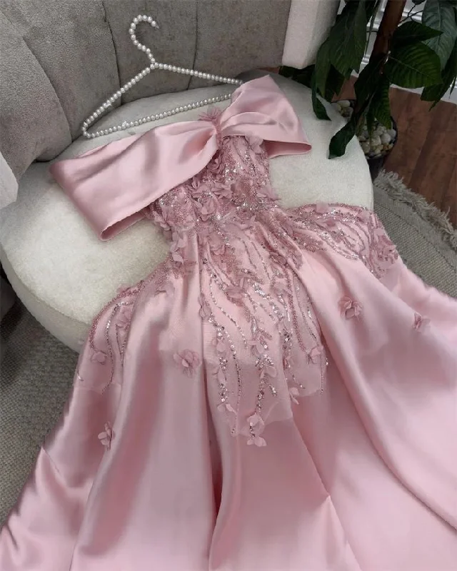 Fashionable Women's Outfit Vintage Retro Party Wear Cute A Line Off The Shoulder Pink Long Satin Beads Long Prom Dresses Party Dress C3283