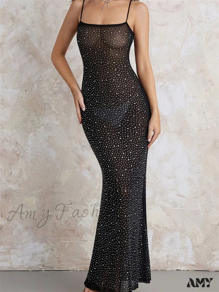 Comfortable Outfit For Women Lightweight Fabric Amy Fashion - Sexy Women Sleeveless Strap Slim  Sparkle Rhinestone Low Cut Trumpet Summer Party Female Vestido