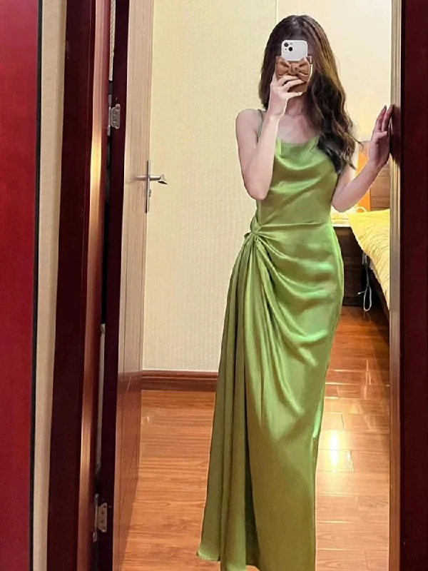 Tailored Clothing For Women Score Big on Glamorous Red - Carpet Styles Pretty Sheath Spaghetti Straps Green Satin Long Evening Dress Prom Dresses With Ruffles C3665