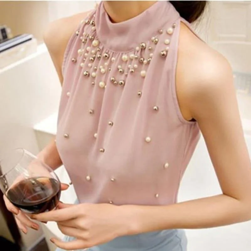 Timeless Women's Apparel Lightweight Fabric Beading  Sleeveless Chiffon High Collar Blouse