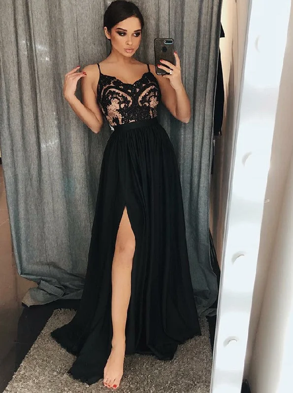 Stylish And Comfortable Clothing For Women Refined Look Sexy Black A-Line Spaghetti Straps Lace Satin Long Prom Dress With Split