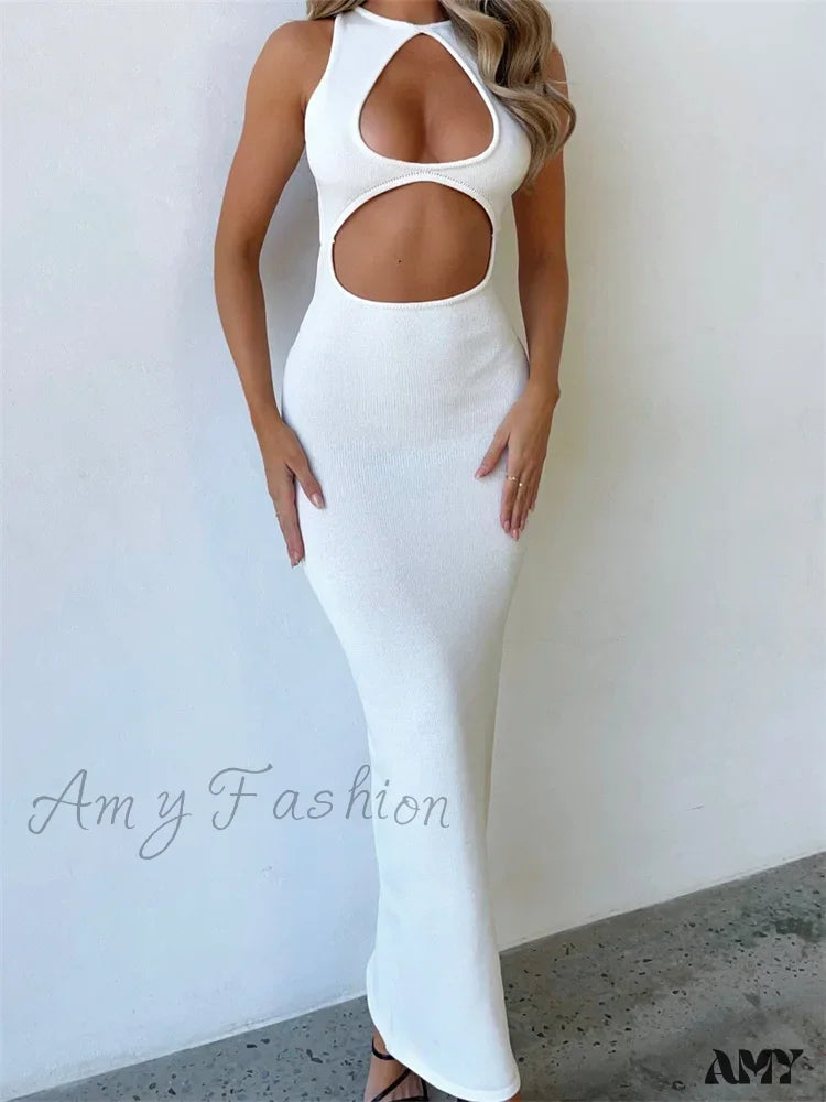 Women's Clothing Outfit Set Feminine Soft - Hued Look Amy Fashion - Sexy Women Sleeveless Evening  White Backless Hollow Out Summer Party Club Female Vestidos Streetwear