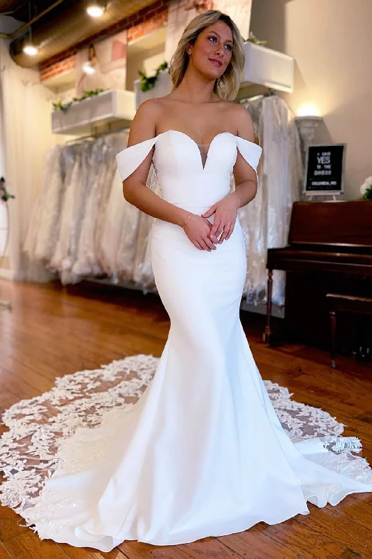 Women's Trendy Outfit Feminine Charm White Lace-Trimmed Off-the-Shoulder Mermaid Long Wedding Dress