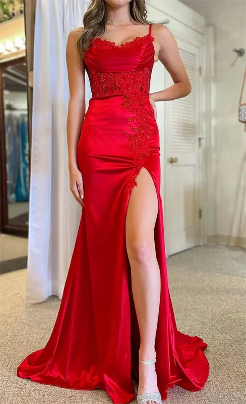 Casual Chic Clothing For Women Elegant Ensemble Women Sheath Satin Lace Prom Dresses Long Spaghetti Straps Appliques Evening Gowns Sleeveless Formal Party Dress YPD623