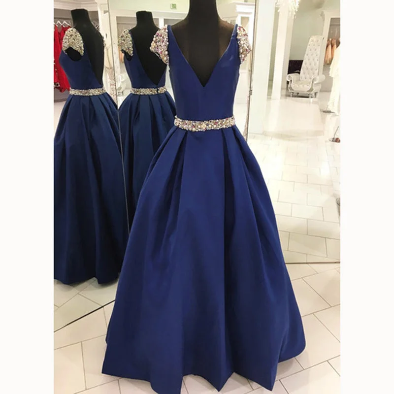 Women's Professional Garments Bohemian Vibe Royal Blue Cap Sleeve Beading A Line satin Formal Gown Long Senior Prom Dresses Plunge V neck Party Dresses LP5530