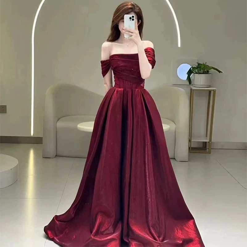 Women's Clothing For Outdoor Activities Urban Sophistication Pretty A line Off The Shoulder Burgundy Satin Long Prom Dresses Party Evening Dress C3790