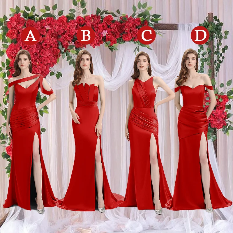 Plus-Size Women's Garments Polished Finish Sexy Soft Satin Mismatched Red Mermaid Long Bridesmaid Dresses Online, Red Maid of Honor Dresses