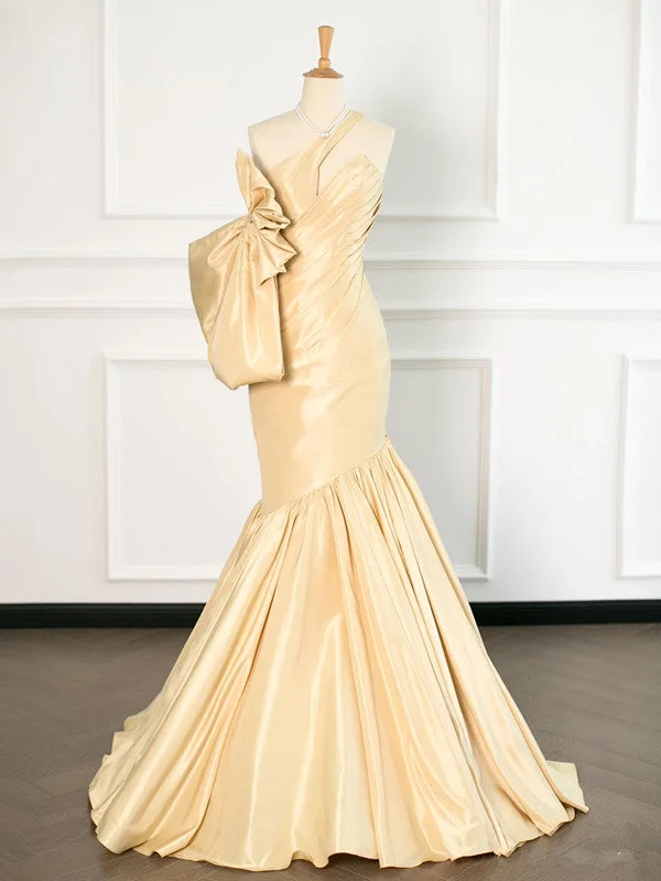 Stylish Women's Clothing Dreamy Draping Sexy Mermaid One Shoulder Yellow Satin Long Prom Dresses Party Evening Dress With Bow C3749