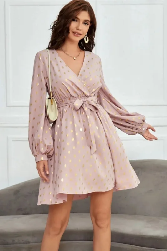 Women's Date Night Outfit Charming Silhouette Tied Printed Surplice Long Sleeve Dress