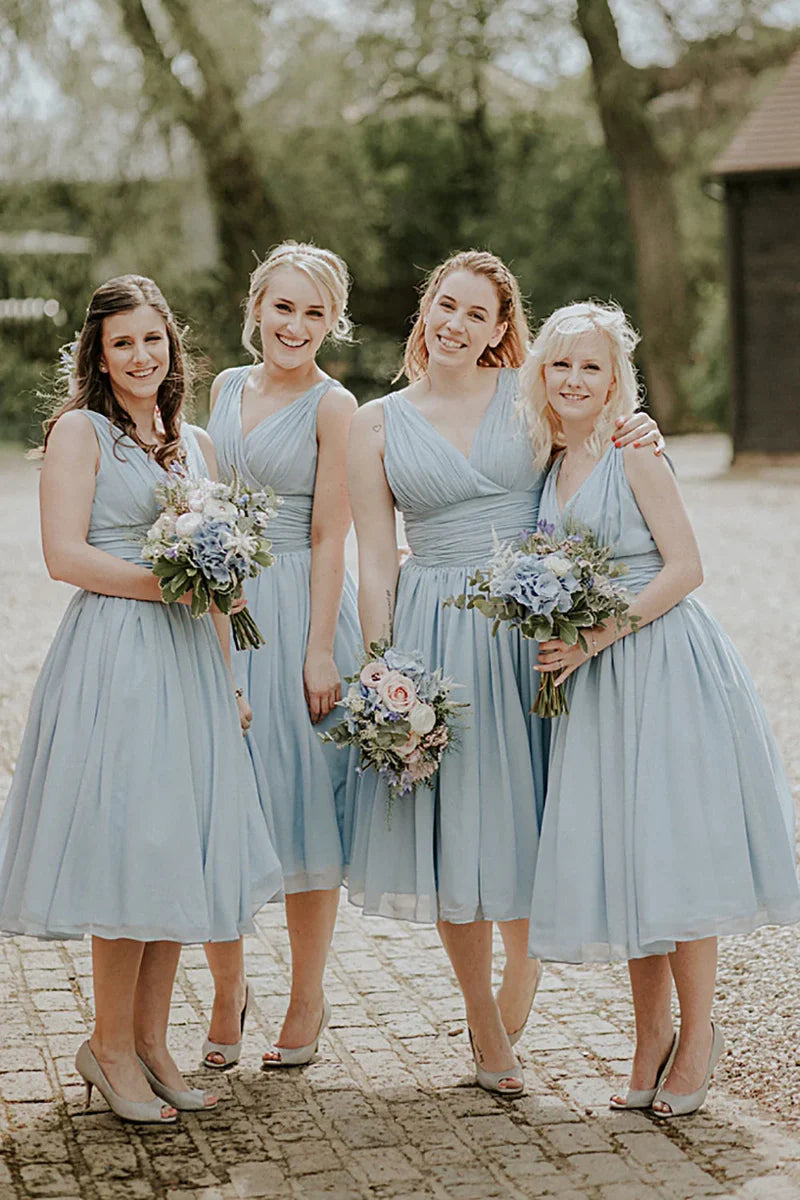 Women's Clothing For Outdoor Events Fashion-Forward Style Dusty Blue A-Line Mid-Calf Ruched Chiffon Bridesmaid Dress