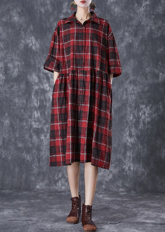 Women's Vintage Garments Nordic Minimalist Home Look Classy Red Oversized Plaid Linen Shirt Dress Summer