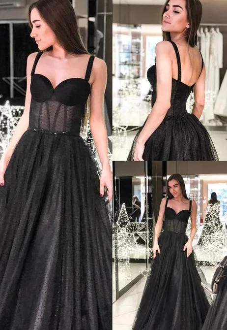 Women's Chic Outerwear Outfit Luxury Style Modest A-Line Straps Long Prom Dress Sleeveless Black Evening Dress cg4595