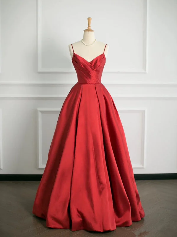 Women's Professional Clothes Fashion-Forward Style Simple Ball Gown Spaghetti Straps Red Satin Prom Dresses Party Evening Dress C3755