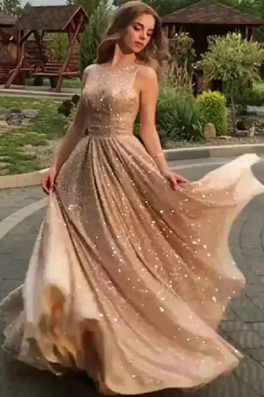 Women's Clothing For Casual Outings Bold Silhouette Shiny Champagne Gold Sequins Sleeveless Long Prom Dress, Sparkly Long Formal Evening Dress   cg12251