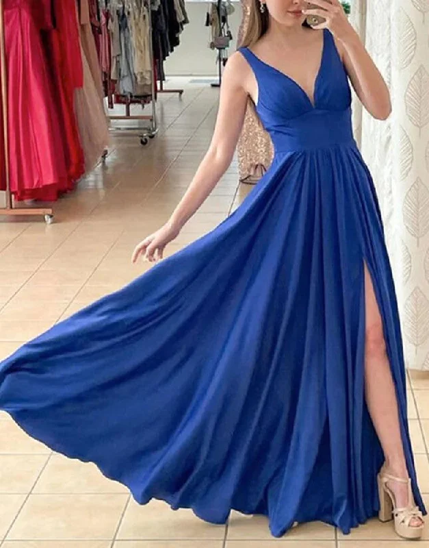 Women's Plus-Size Clothes Graceful Movement Women Simple Royal Blue Prom Dresses Long Side Slit Evening Gowns Formal Party Dress YPD411