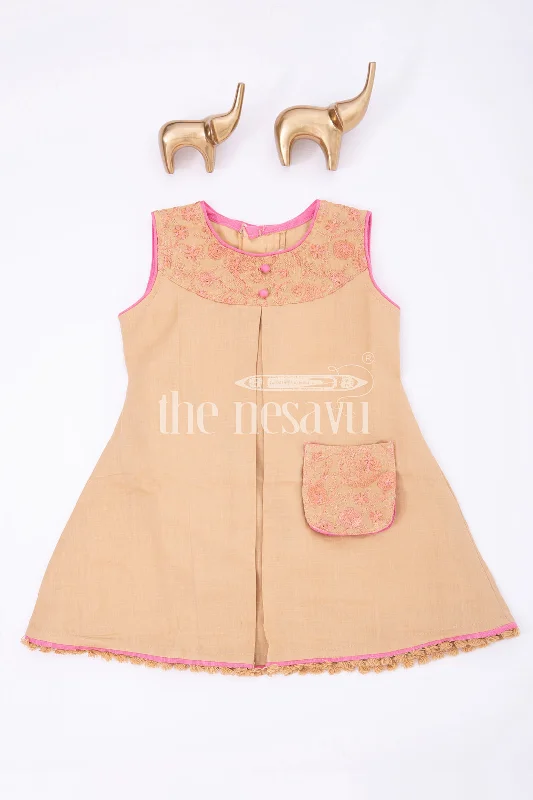 Women's Outerwear Clothing Chic Allure Beige Designer Sleeveless Baby Frock with Embroidered Pocket