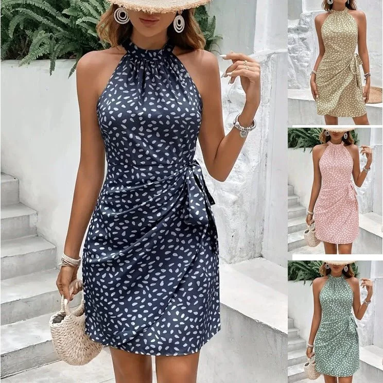 Women's Professional Clothes Luxe Layering 2pcs Women's Dress Suit Sexy Sleeveless BacklessWith Tied-waist Design Women's Shivering Dots Temperament Dress