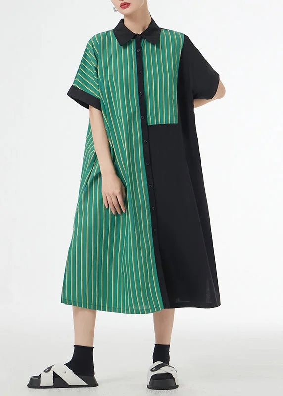 Women's Clothes And Garments Dreamy Draping Unique Green Striped Asymmetrical Patchwork Cotton Shirt Dress Summer