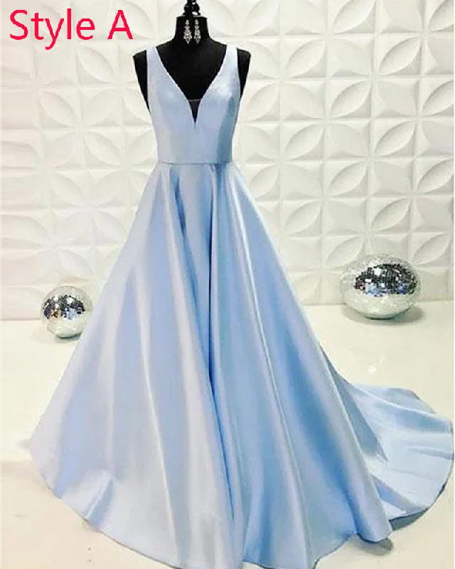 Women's Outfit For The Office Now on Sale for Chic Urban Styles Light Blue A Line Satin Long Formal Prom Dresses LongO Vestido 2019