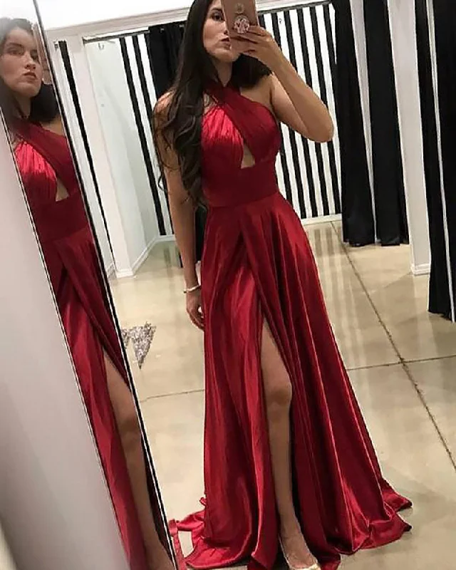 Affordable Women's Clothing Tropical Island - Inspired Attire Burgundy Red Halter Cross Long Party Gown Prom Dresses with High Slit PL104