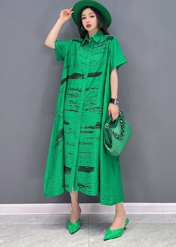 Women's Seasonal Clothes Modern Romance Green Print Cotton Loose Shirt Dress Peter Pan Collar Button Short Sleeve