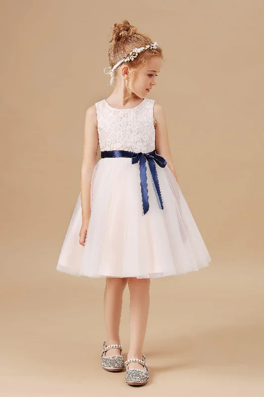 Formal Outfit For Women Statement Piece Tulle Satin Lace Flower Girl Dress With Bowknot Satin-Sash