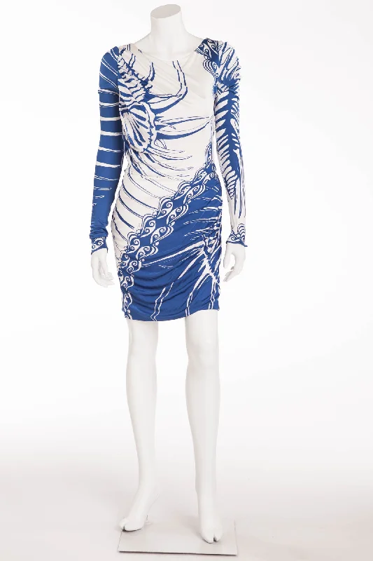 Women's Holiday Attire Vintage Retro Party Wear Emilio Pucci - Blue and White Print Long Sleeve Dress - IT 42