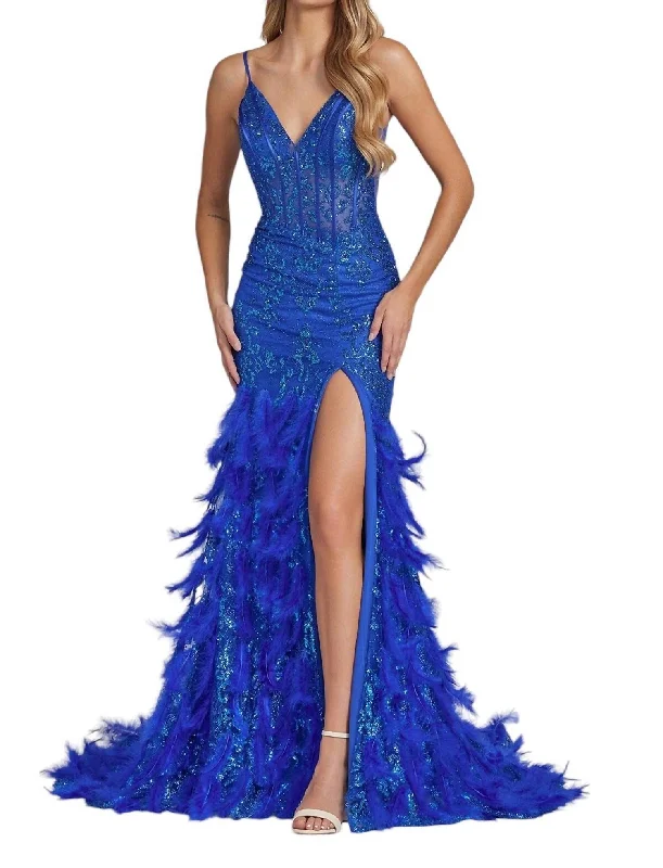 Women's Active Garments For Workouts Seasonal Trend Fitted Glitter Print Feather Gown In Royal Blue