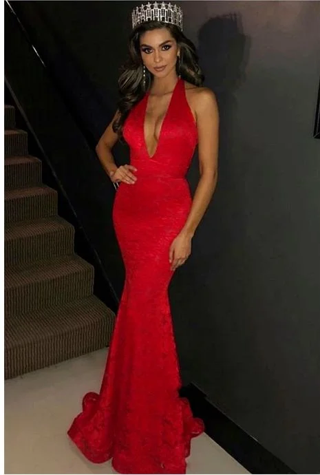 Stylish Women's Apparel Statement Piece 2020 Charming Lace Mermaid/Trumpet Halter V Neck Sleeveless Backless Prom Dresses,prom dress  cg8092