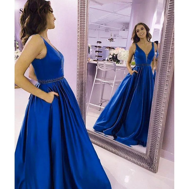 Women's Plus-Size Casual Outfit Polished Finish Breathtaking Blue Full Skirt Long Prom Dress with Pocket,A Line Satin Graduation Senior Formal Gowns Long