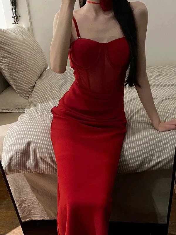 Stylish And Comfortable Clothing For Women Polished Finish Gorgeous Sheath Spaghetti Straps Red Satin Evening Dress Prom Dresses Birthday Outfits C3617