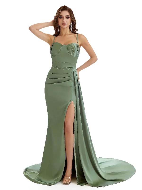 Women's Chic Outerwear Garments Feminine Elegance Elegant Spaghetti Straps Side Split Boho Chic Maxi Satin Bridesmaid Dresses Online