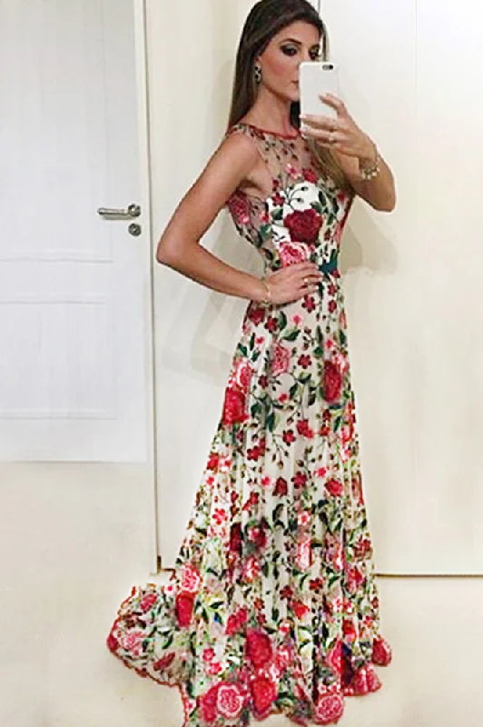 Women's Athletic Clothes Luxury Style A Line Sleeveless Embroidery Long Evening Dress with Red Flowers N1408