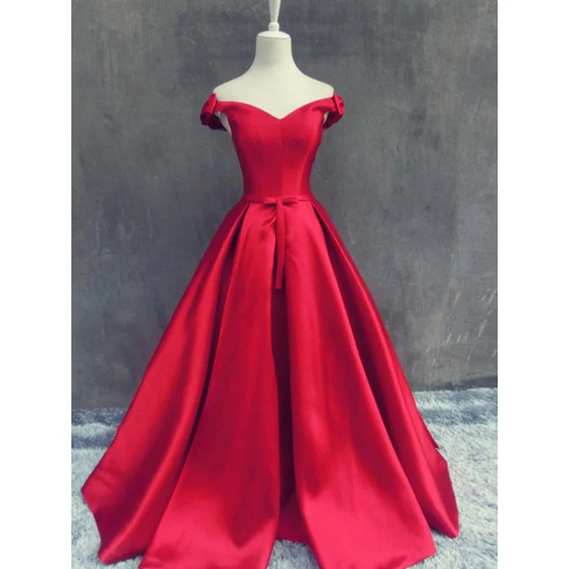 Women's Attire Refined Simplicity Elegant Off the Shoulder A Line Satin Red Prom Dress Long Formal Gown Vestido De Festa LP719