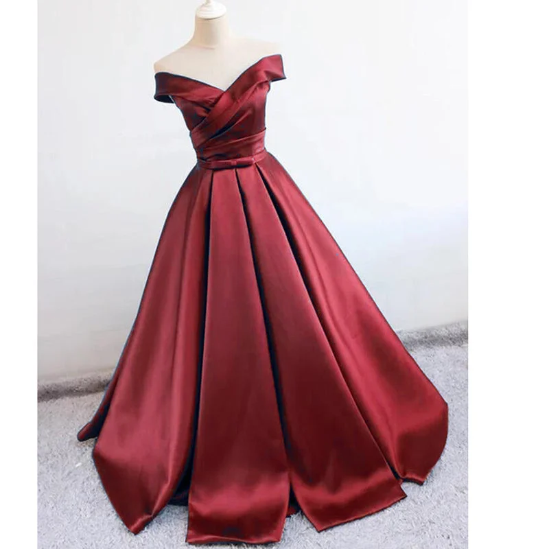 Women's High-Fashion Attire Parisian Effortless Chic Style Elegant Off the Shoulder A Line Satin Wine Red Prom Dresses 2020 robe de soirée