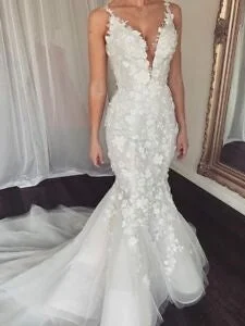 Women's Plus-Size Attire Minimalist Chic Spaghetti Long Mermaid Lace Tulle Wedding Dresses, Sexy Mermaid Wedding Dresses, Bridal Gown