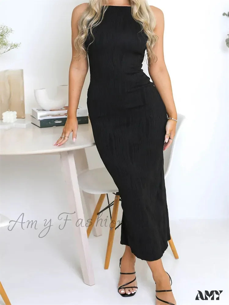 Women's Elegant Evening Outfit Today Only Amy Fashion - Sexy Women  Ruched Sleeveless Slim Solid Summer Party Back Split Clubwear Female Vestido Outfits