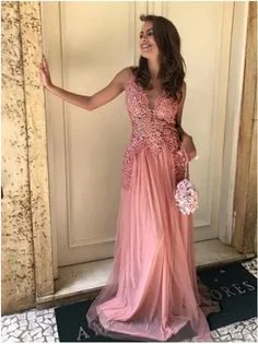 Women's Elegant Outfit Classic Timeless Elegant Style A-line V-Neck Peach Lace Tulle Sleeveless Long Prom Dresses  cg7452