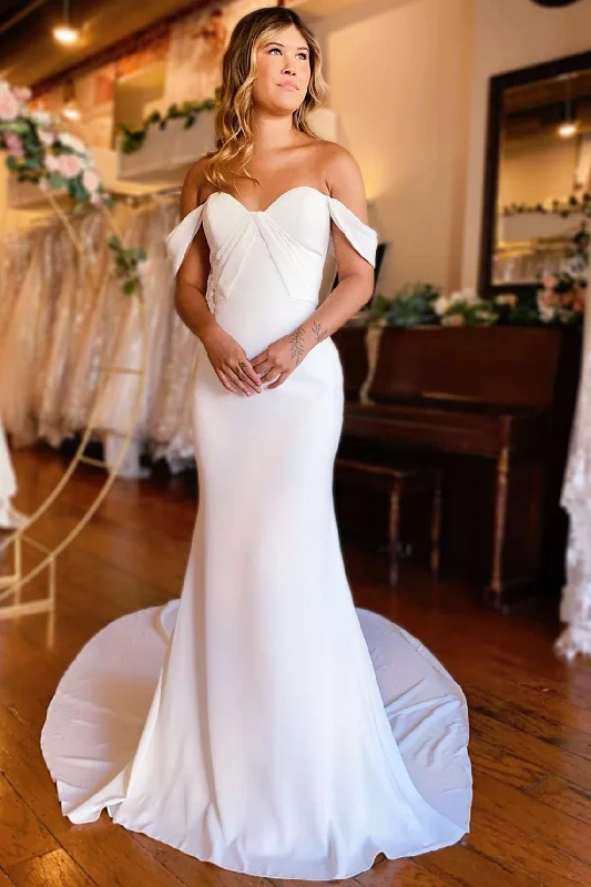 Women's Activewear Attire Bohemian Vibe White Off-the-Shoulder Backless Mermaid Long Wedding Dress